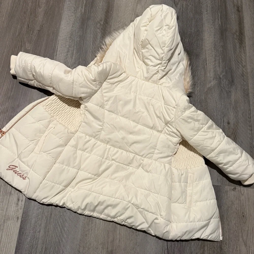 Guess Ivory Quilted Jacket with Faux Fur Hood